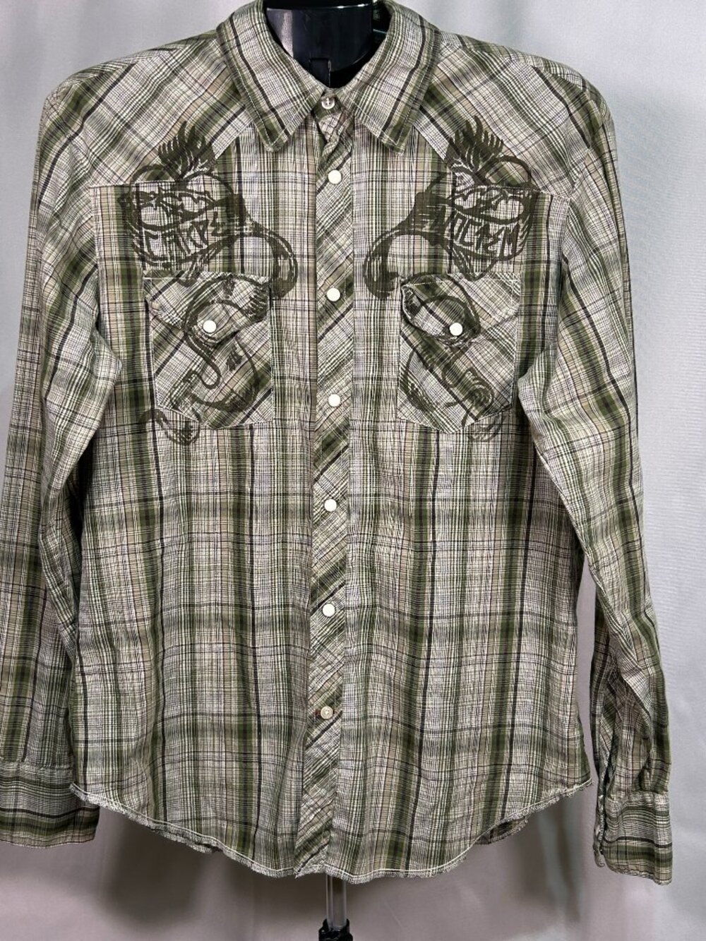 Guess Jeans Vintage 1981 Men’s Large Plaid Western Pearl Snap Shirt Y2K Graphic